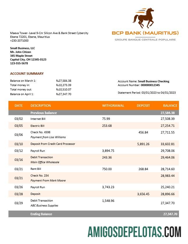 Em branco Extrato de conta empresarial do Banco BCP modelo Word e PDF